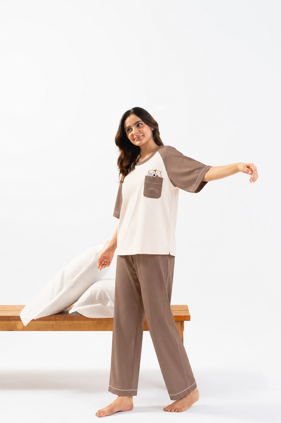 Women’s Brown & White Night Suit Set – Cute Bear Print T-Shirt & Pajama Set