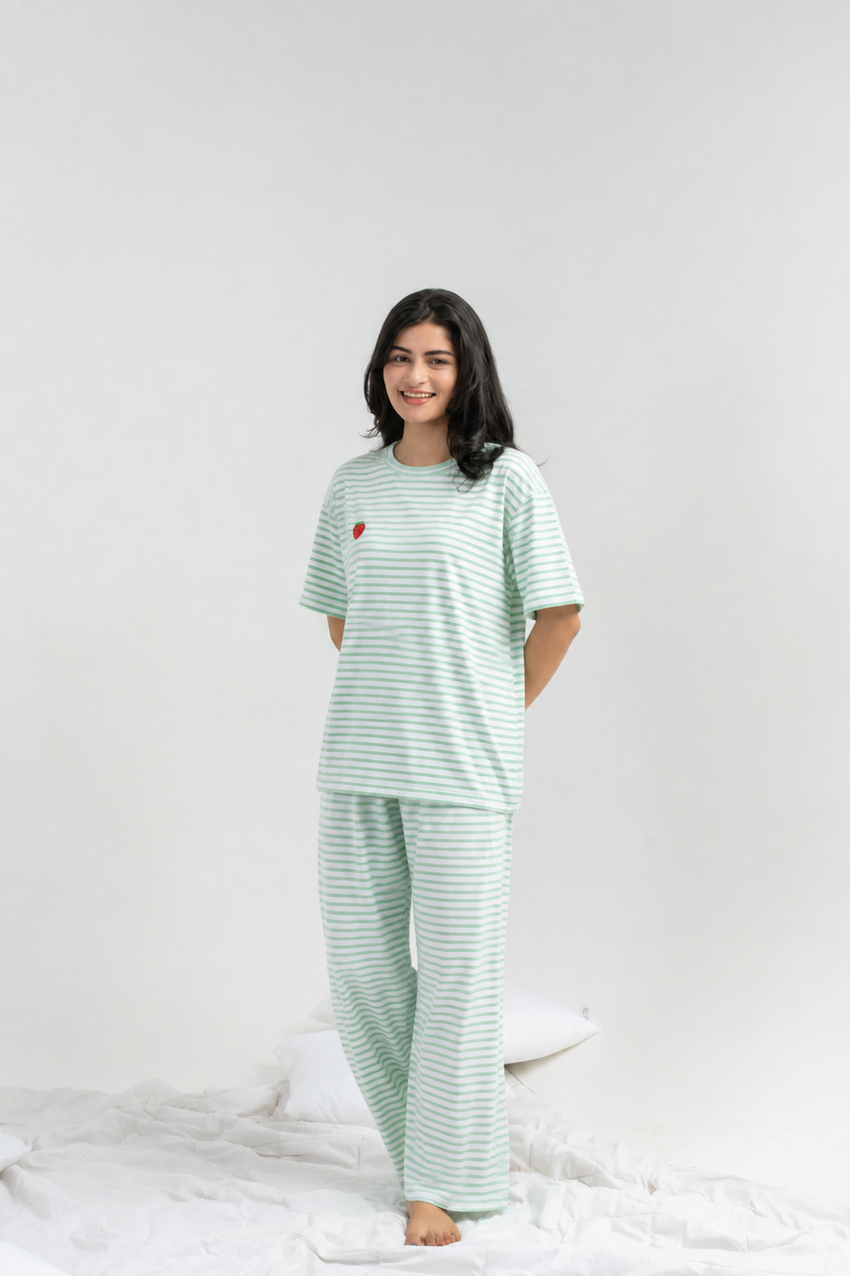 Women’s Green & White Striped Night Suit Set – Half Sleeve T-Shirt & Pajama