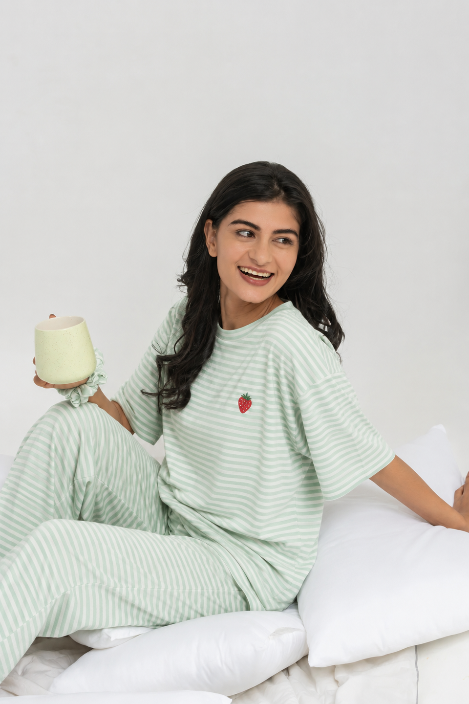 Women’s Green & White Striped Night Suit Set – Half Sleeve T-Shirt & Pajama
