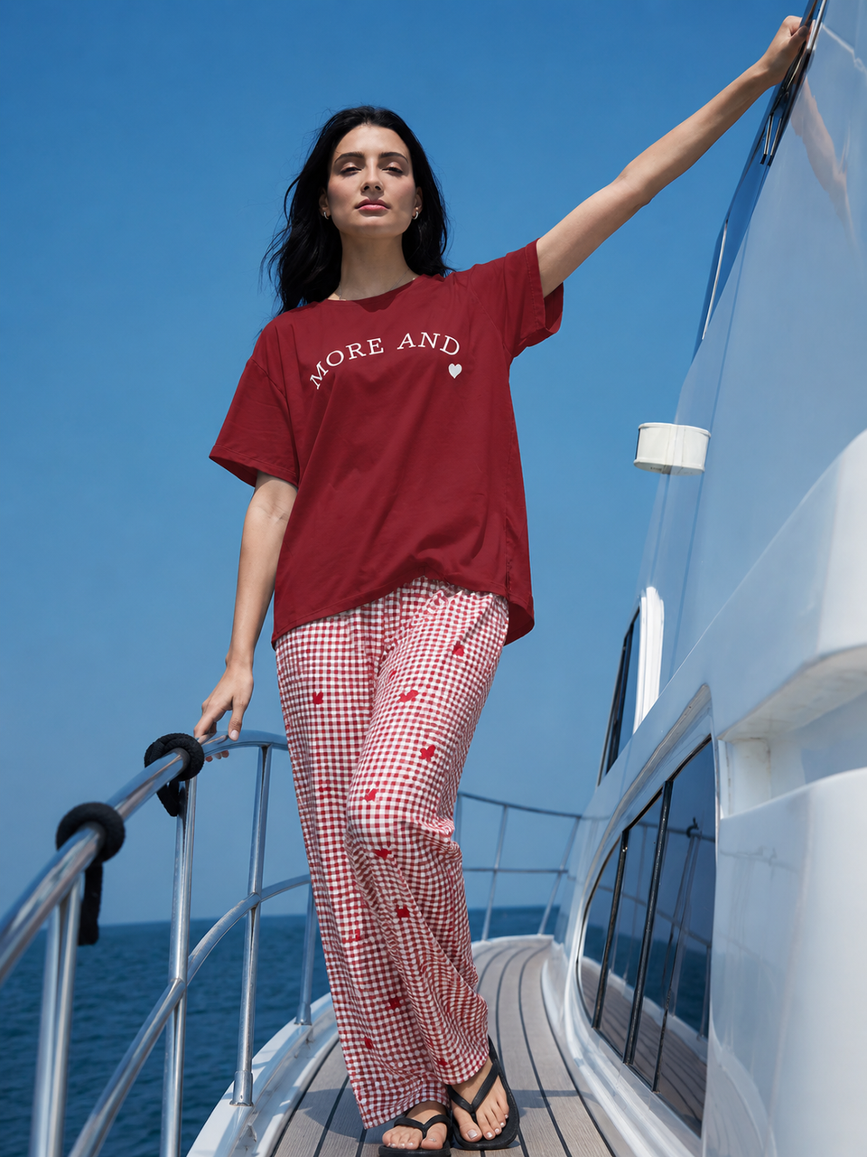 Women’s Maroon & Red Printed Night Suit Set – Graphic T-Shirt & Checkered Pajama | Lycra