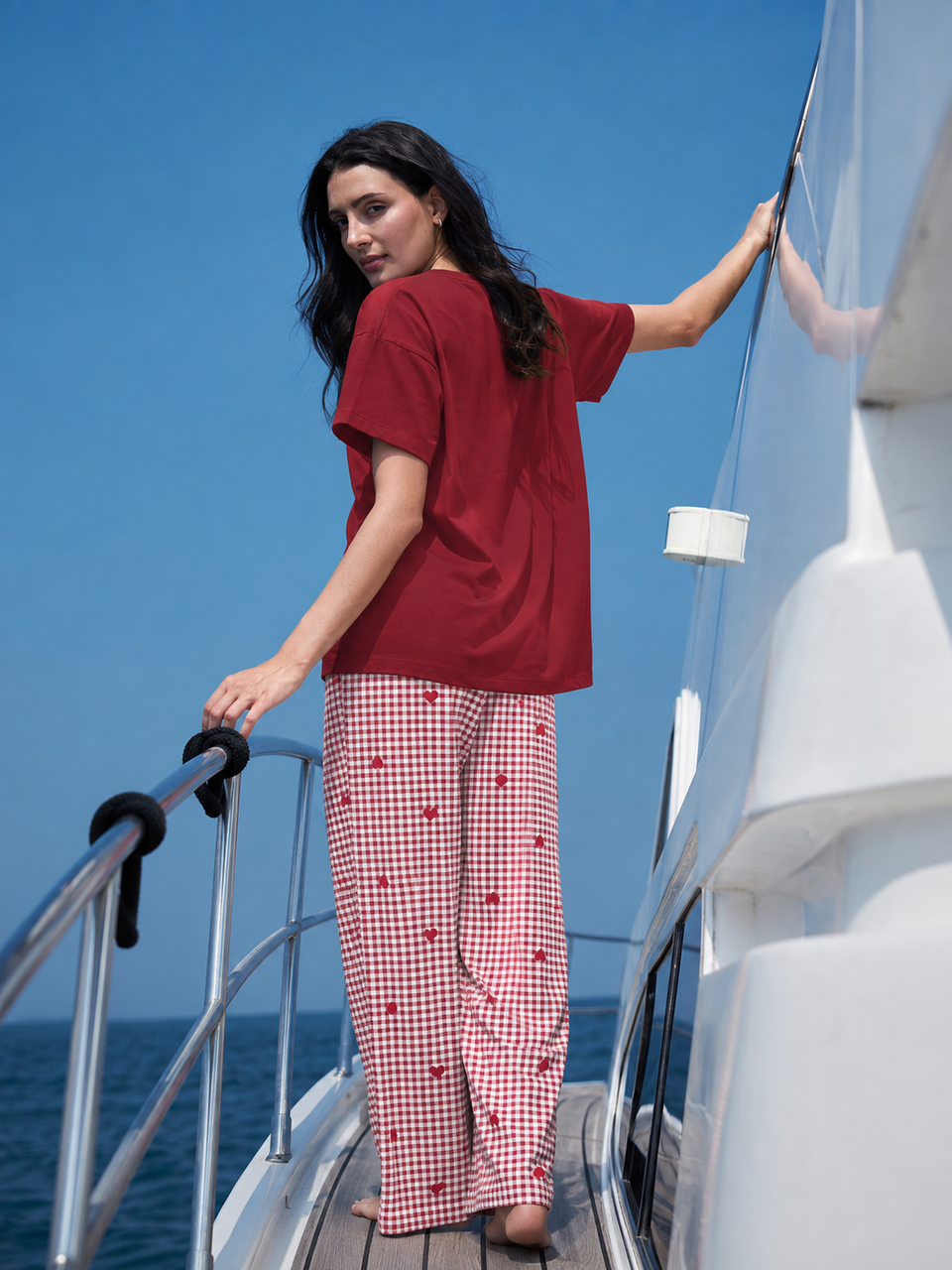 Women’s Maroon & Red Printed Night Suit Set – Graphic T-Shirt & Checkered Pajama | Lycra