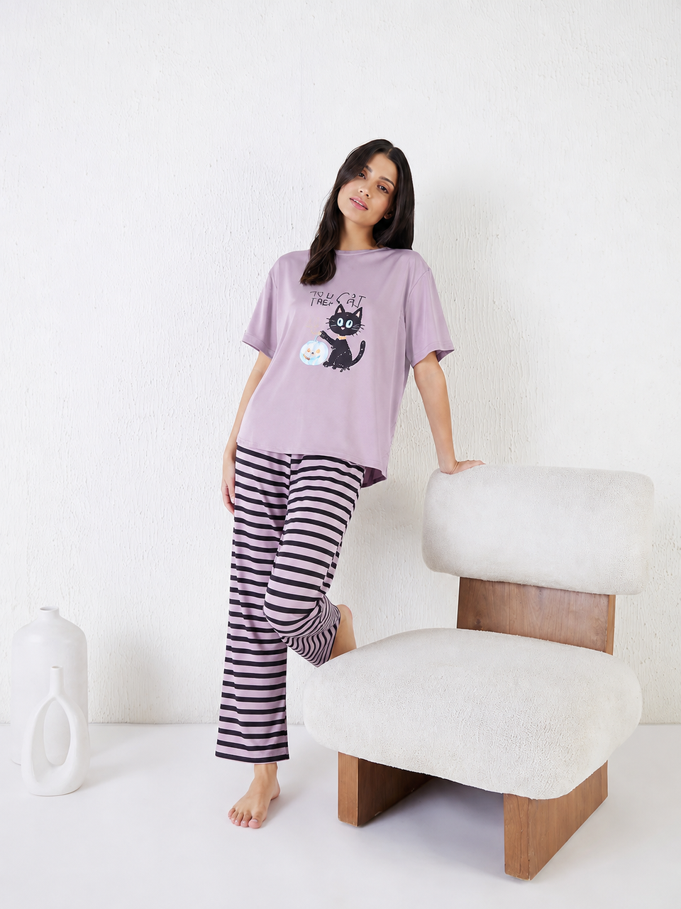 Women’s Lavender & Black Striped Night Suit Set – Cute Cat Print T-Shirt & Pajama | Lycra
