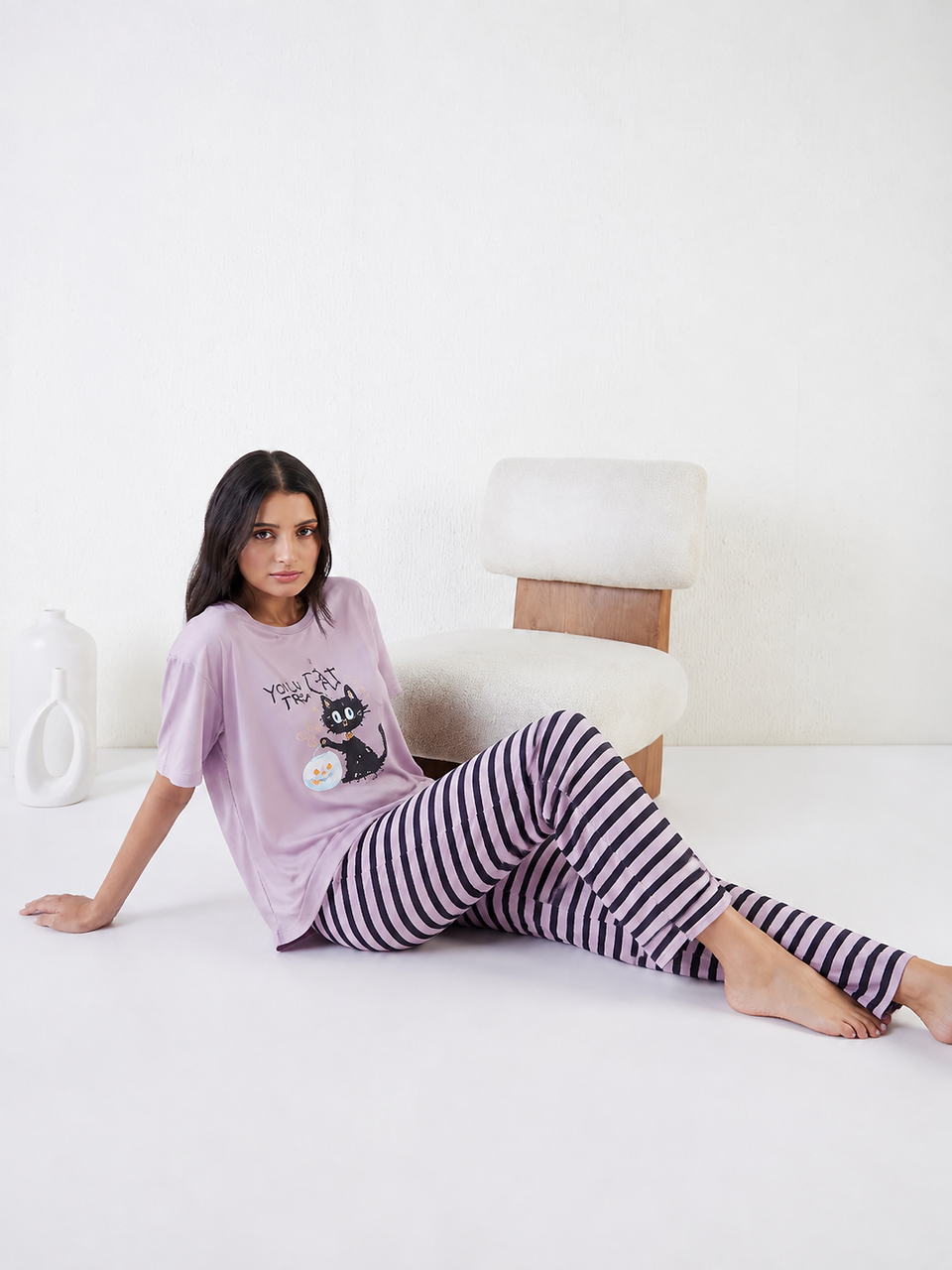 Women’s Lavender & Black Striped Night Suit Set – Cute Cat Print T-Shirt & Pajama | Lycra