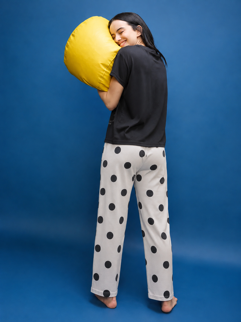 Women's Black T-Shirt & White Polka Dot Lycra Night Suit Set | Soft & Stretchable Sleepwear