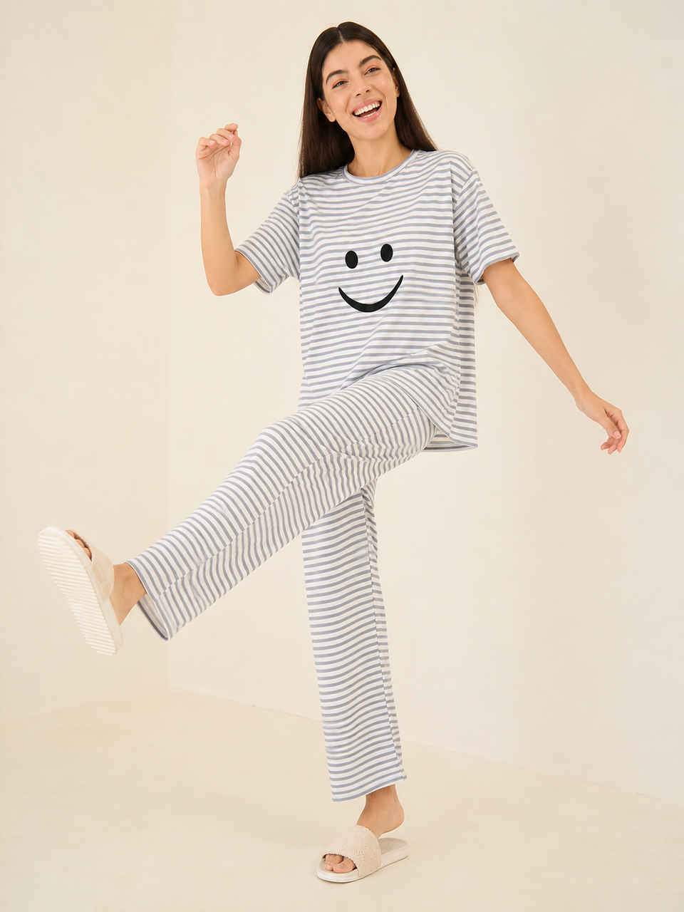 Women's Pink Striped Smiley Face Lycra Night Suit Set | Soft & Stretchable Half Sleeve Top & Pajama