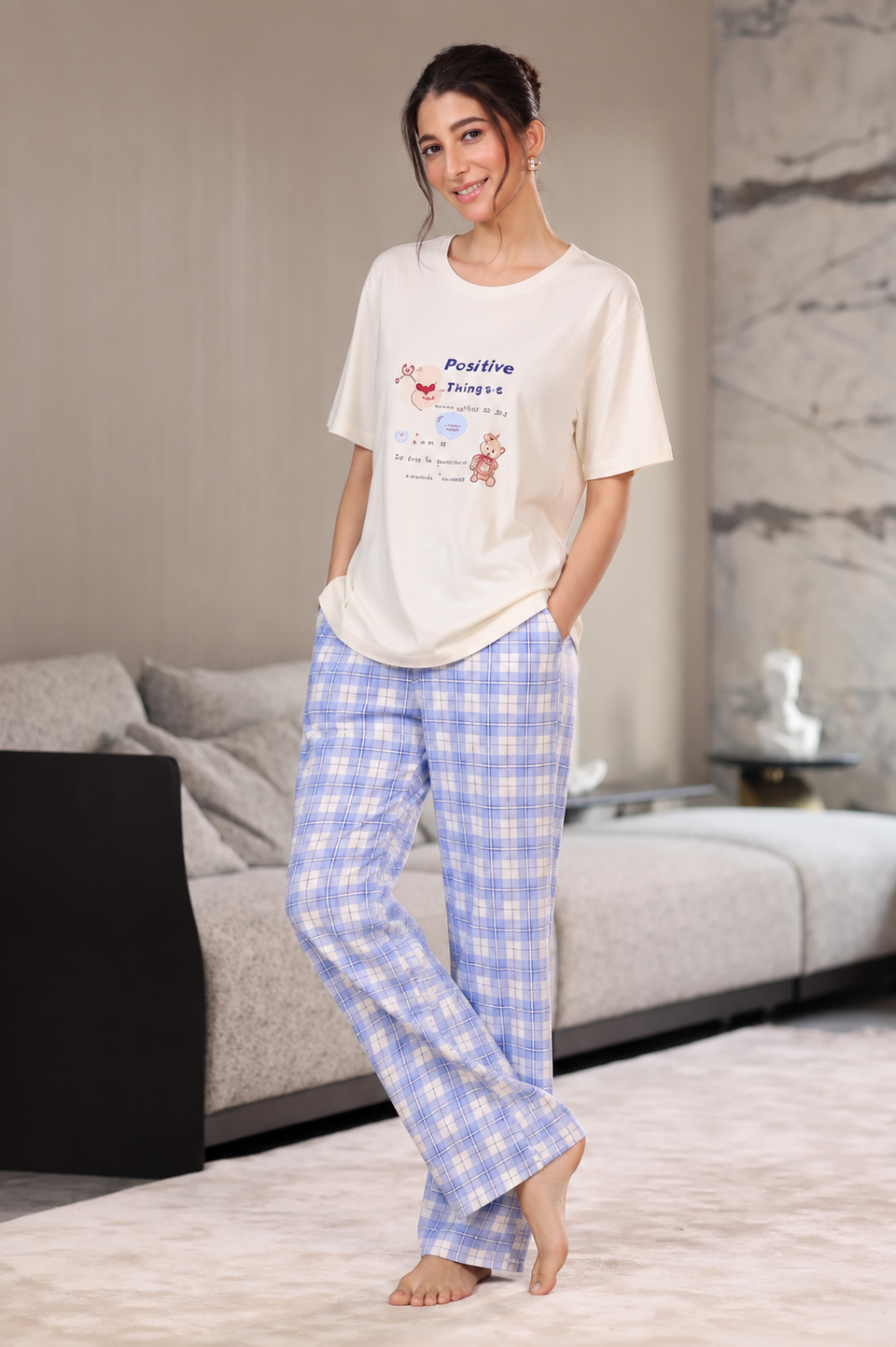 Women's Cream Printed T-Shirt & Blue Checkered Lycra Night Suit Set | Soft & Stretchable Sleepwear