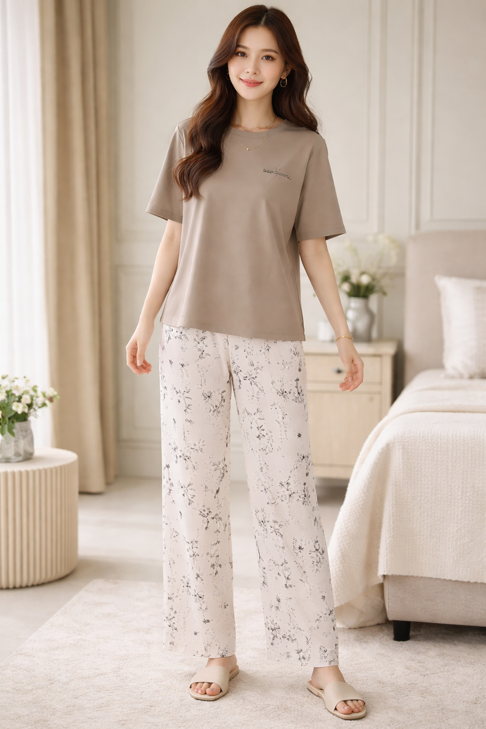 BYAARA Elegant Mocha Floral Full-Length Night Suit – Premium Soft Lounge Wear for Women