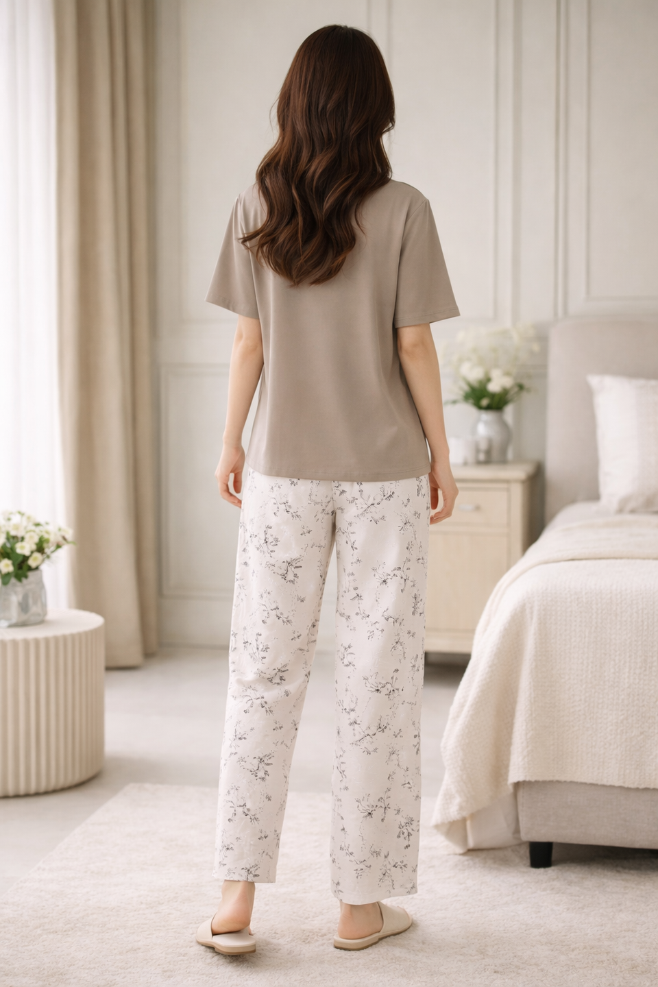 BYAARA Elegant Mocha Floral Full-Length Night Suit – Premium Soft Lounge Wear for Women
