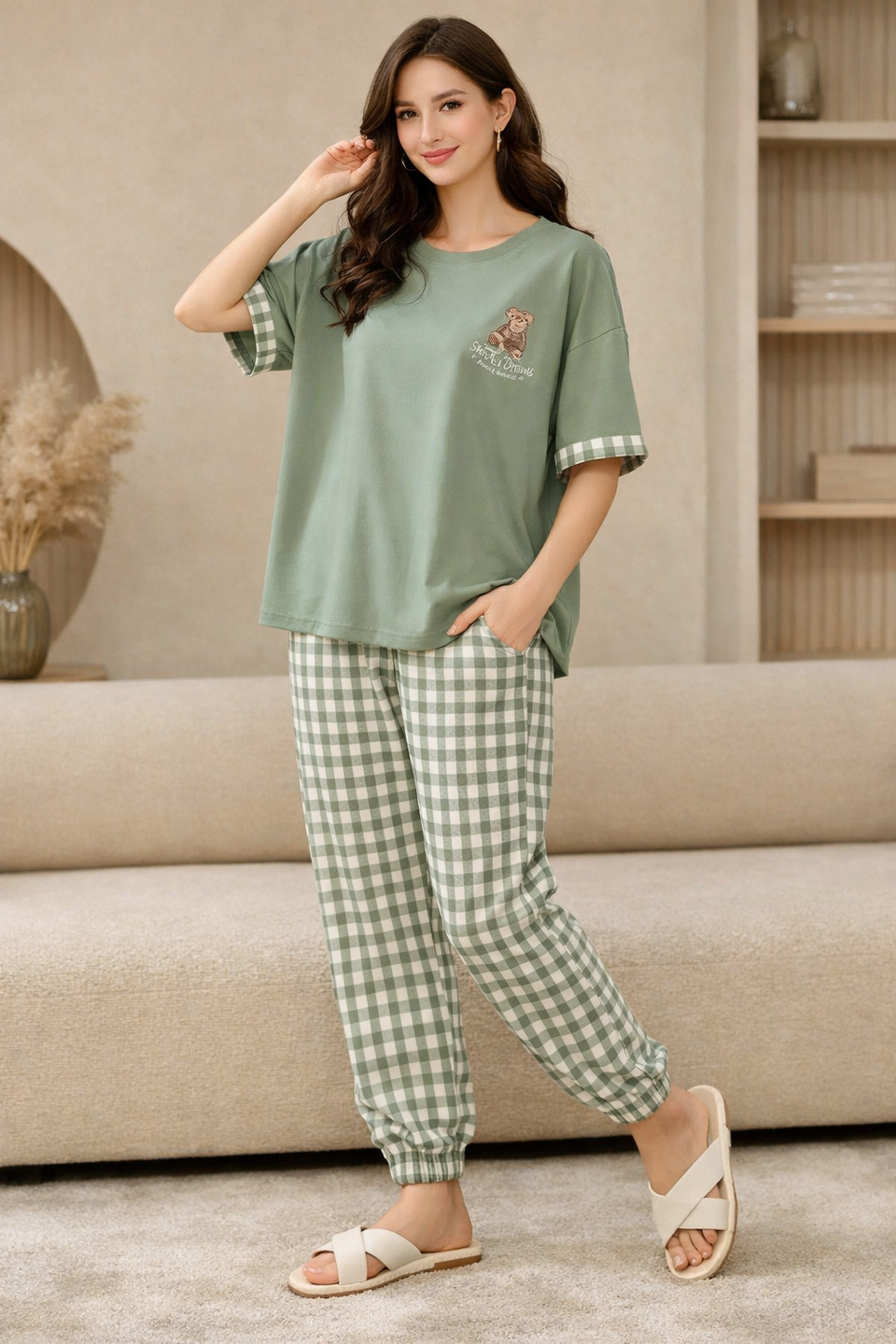 BYAARA Sage Green Check Jogger Night Suit – Premium Relaxed Fit Lounge Wear Set for Women