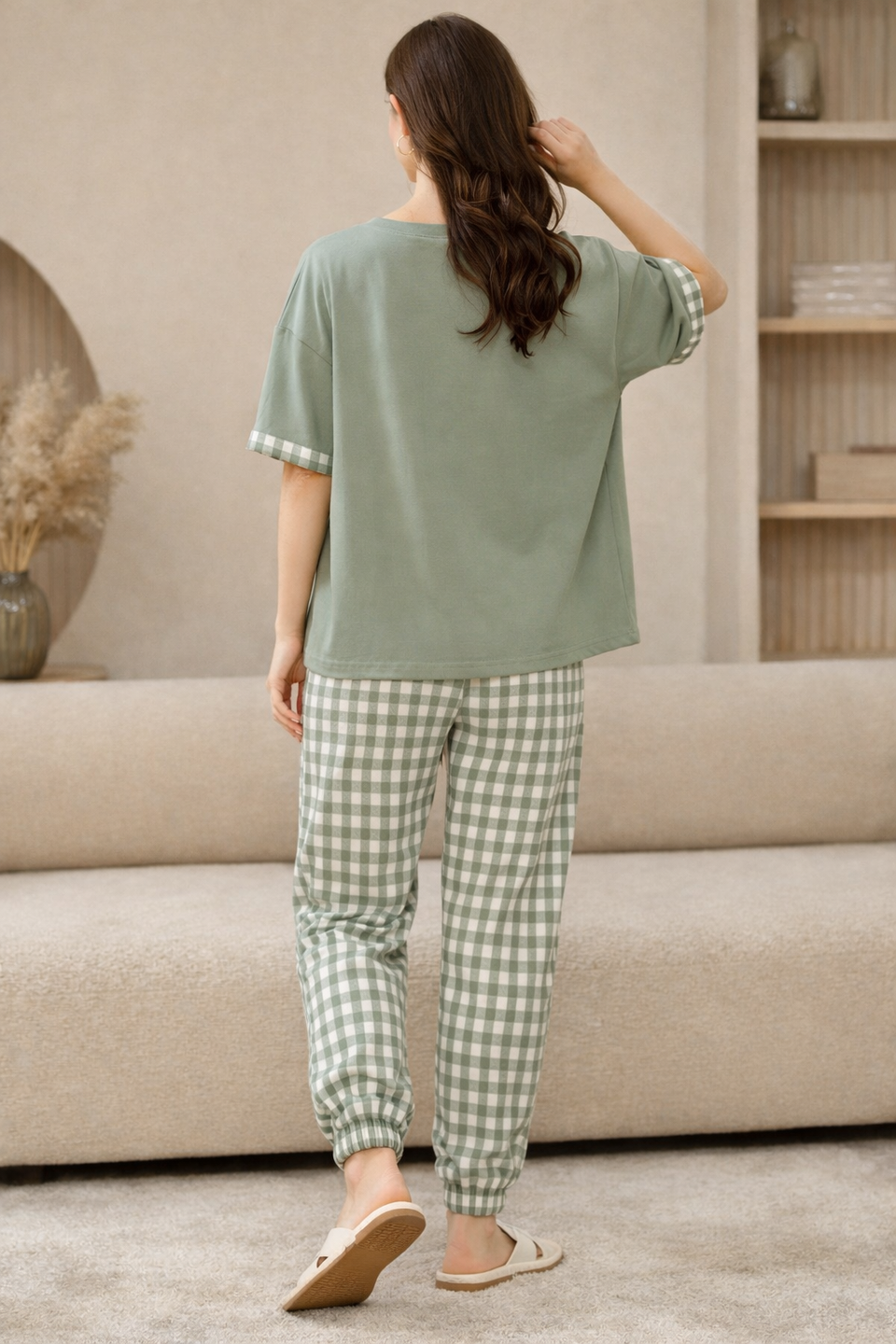BYAARA Sage Green Check Jogger Night Suit – Premium Relaxed Fit Lounge Wear Set for Women