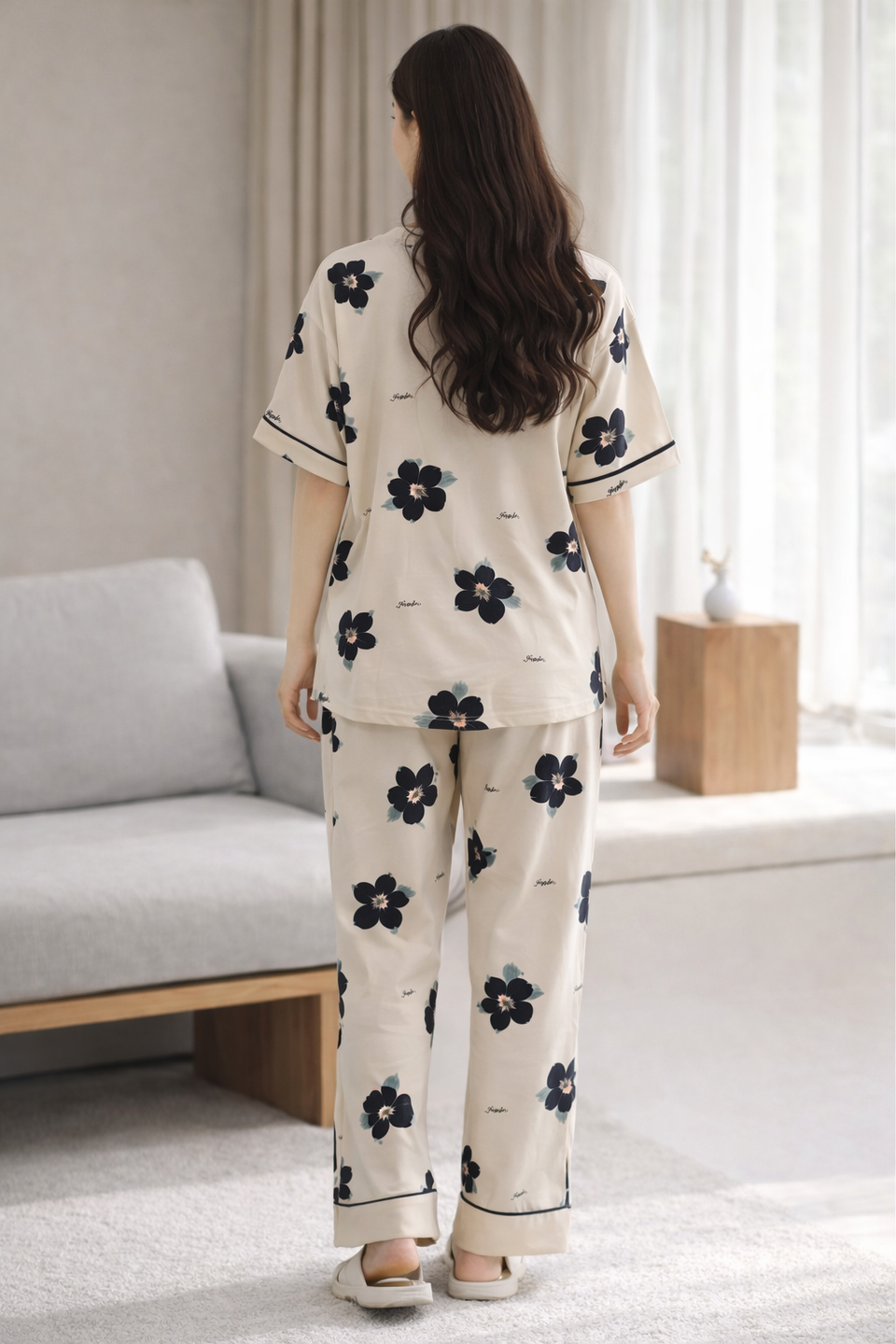 Beige Floral Luxe Lounge Set – Elegant Printed Lycra Night Suit for Women