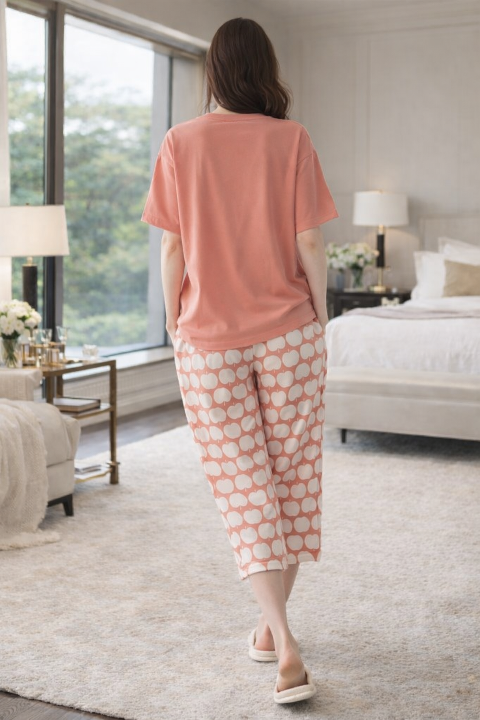 Coral Apple Lounge Set – Soft Lycra Capri Night Suit for Women