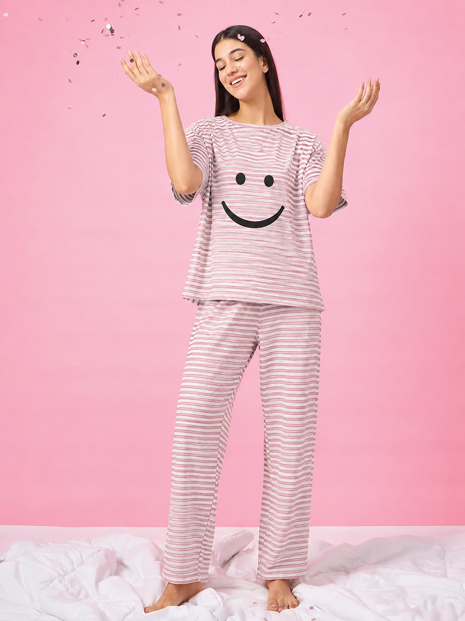 Women's Pink Striped Smiley Face Lycra Night Suit Set | Soft & Stretchable Half Sleeve Top & Pajama