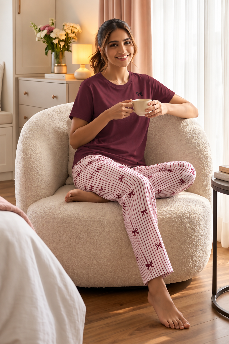 Burgundy Bow Print Lycra Night Suit